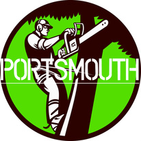 tree surgeon portsmouth logo, man with a chainsaw cutting a branch